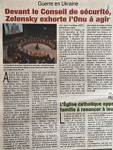 L’article « Devant le Conseil de sécurité, Zelensky exhorte l’ONU à agir » (Fraternité Matin, 06 avril 2022)