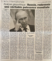 L’article « Rubrique « L’actu internationale ». Analyse géopolitique : Russie, redevenir une véritable puissance mondiale » (Fraternité Matin, 28 février 2022)