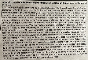 L’article « Union africaine : le président sénégalais Macky Sall annonce un déplacement en Ukraine et en Russie » (L’Inter, 24 mai 2022)
