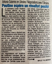 L’article « Antonio Guterres en Ukraine / Négociations avec l’Ukraine / Poutine espère un résultat positif » (Fraternité Matin, 27 avril 2022)