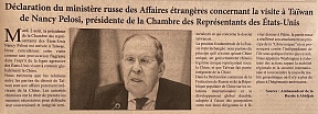 L’article « Déclaration du ministère russe des Affaires étrangères concernant la visite à Taïwan de Nancy Pelosi, présidente de la Chambre des Représentants des Etats-Unis » (Le Panafricain, 04 août 2022)