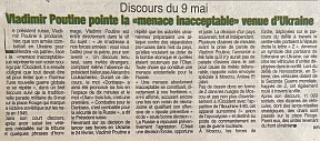 L’article « Discours du 9 mai / Vladimir Poutine pointe la « menace inacceptable » venue d’Ukraine » (Fraternité Matin, 10 mai 2022)