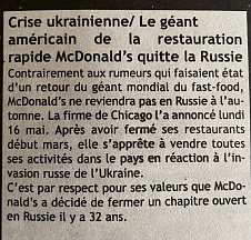 L’article « Crise ukrainienne / Le géant américain de la restauration rapide McDonald’s quitte la Russie » (Soirinfo, 17 mai 2022) 