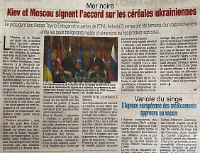 L’article « Mer noire / Kiev et Moscou signent l’accord sur les céréales ukrainiennes » (Fraternité Matin, 23-24 juillet 2022)