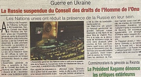 L’article « Guerre en Ukraine / La Russie suspendue du Conseil de Sécurité de l’ONU » (Fraternité Matin, 08 avril 2022)