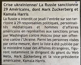 L’article « La crise ukrainienne / La Russie sanctionne 29 Américains, dont Mark Zuckerberg et Kamala Harris » (Soirinfo, 22 avril 2022)