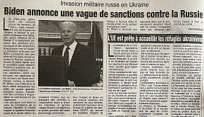 L’article « Invasion militaire russe en Ukraine / Biden annonce une vague de sanctions contre la Russie » (Fraternité Matin, 25 février 2022)