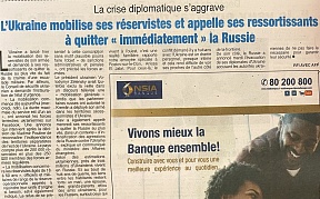 L’article « La crise diplomatique s’aggrave / L’Ukraine mobilise ses réservistes et appelle ses ressortissants à quitter « immédiatement » la Russie » (Fraternité Matin, 24 février 2022)