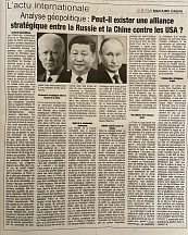 L’article « Analyse géopolitique : Peut-il exister une alliance stratégique entre la Russie et la Chine contre les USA » (Fraternité Matin, 23 mai 2022)