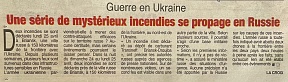 L’article « Guerre en Ukraine / Une série de mystérieux incendies se propage en Russie » (Fraternité Matin, 26 avril 2022)