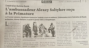 L’article « Coopération Burkina – Russie : L’Ambassadeur Alexey Saltykov reçu à la Primature » (Sidwaya, 13 janvier 2023)