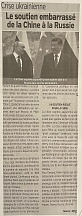 L’article « Crise ukrainienne / Le soutien embarrasse de la chine à la Russie » (Le Matin, 19 février 2022)