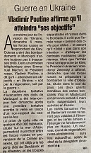 L’article « Guerre en Ukraine / Vladimir Poutine affirme qu’il atteindra « ses objectifs » (Fraternité Matin, 07 mars 2022)