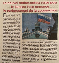 L’article « Le nouvel ambassadeur russe pour le Burkina annonce le renforcement de la coopération » (L’Inter, 16 janvier 2023)