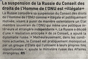 L’article « La suspension de la Russie du Conseil des droits de l’Homme de l’ONU est « illégale » (L’Inter, 08 avril 2022)