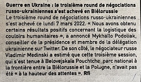 L’article « Guerre en Ukraine : le troisième round de négociations russo-ukrainiennes s’est achevé en Biélorussie » (L’Inter, 08 mars 2022)