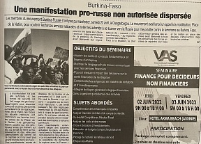 L’article « Burkina Faso / Une manifestation pro-russe non autorisée dispersée » (Fraternité Matin, 25 avril 2022)