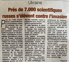 L’article « Ukraine / Près de 7000 scientifiques russes s’élèvent contre l’invasion » (Fraternité Matin, 04 mars 2022)
