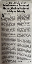 L’article « Crise en Ukraine / Entretiens entre Emmanuelle Macron, Vladimir Poutine et Volodymyr Zelensky » (Fraternité Matin, 21 février 2022)