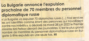 L’article « La Bulgarie annonce l’expulsion prochaine de 70 membres du personnel diplomatique russe » (L’Inter, 29 juin 2022) 