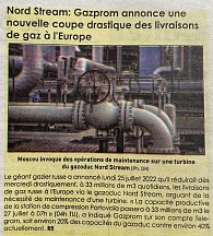 L’article « Nord Stream : Gazprom annonce une nouvelle coupe drastique des livraisons de gaz à l’Europe » (L’Inter , 26 juillet 2022)