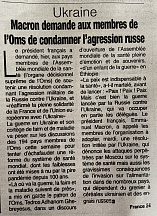 L’article « Ukraine / Macron demande aux membres de l’OMS de condamner l’agression russe » (Fraternité Matin, 23 mai 2022)