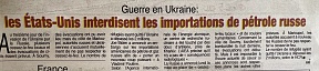 L’article « Guerre en Ukraine: les Etats-Unis interdisent les importations de pétrole russe» (Fraternité Matin, 09 mars 2022)