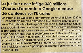 L’article « La justice russe inflige 360 millions d’euros d’amende à Google à cause de contenus sur l’Ukraine » (L’Inter, 20 juillet 2022)